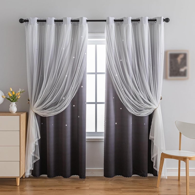 indistar Colourful Stripe Star Cut-Out Blackout Curtains for Bedroom,2 Layers Mix Design of Fabric & Tulle,Pretty Window Curtain for Kids Room 1 Panel (W52 x L63 Dark Grey) - Image 1